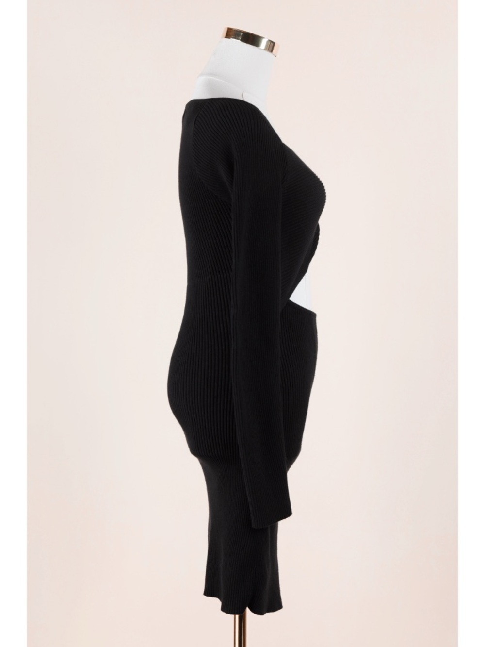 Sz M Promesa Sleek Black Ribbed Stretch Knit Cutout Long Sleeve Mini Dress NWT - Picture 3 of 8